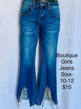 Girls Blue Flare Jeans with Beaded Fringe